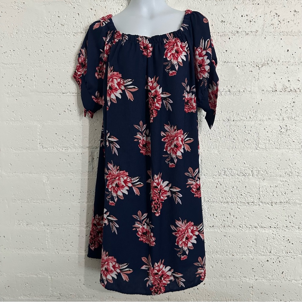 New Look Womens Plus Dress 3X Blue Red Floral Off Shoulder Short Tie Sleeve BJ12
